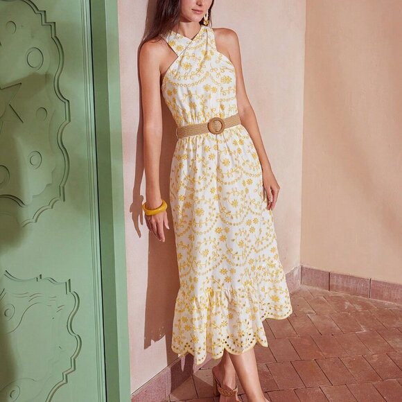 YELLOW WOMEN'S SCALLOP RUFFLE HEM HALTER NECK EMBROIDERY SCHIFFY DRESS - Picture 6 of 8